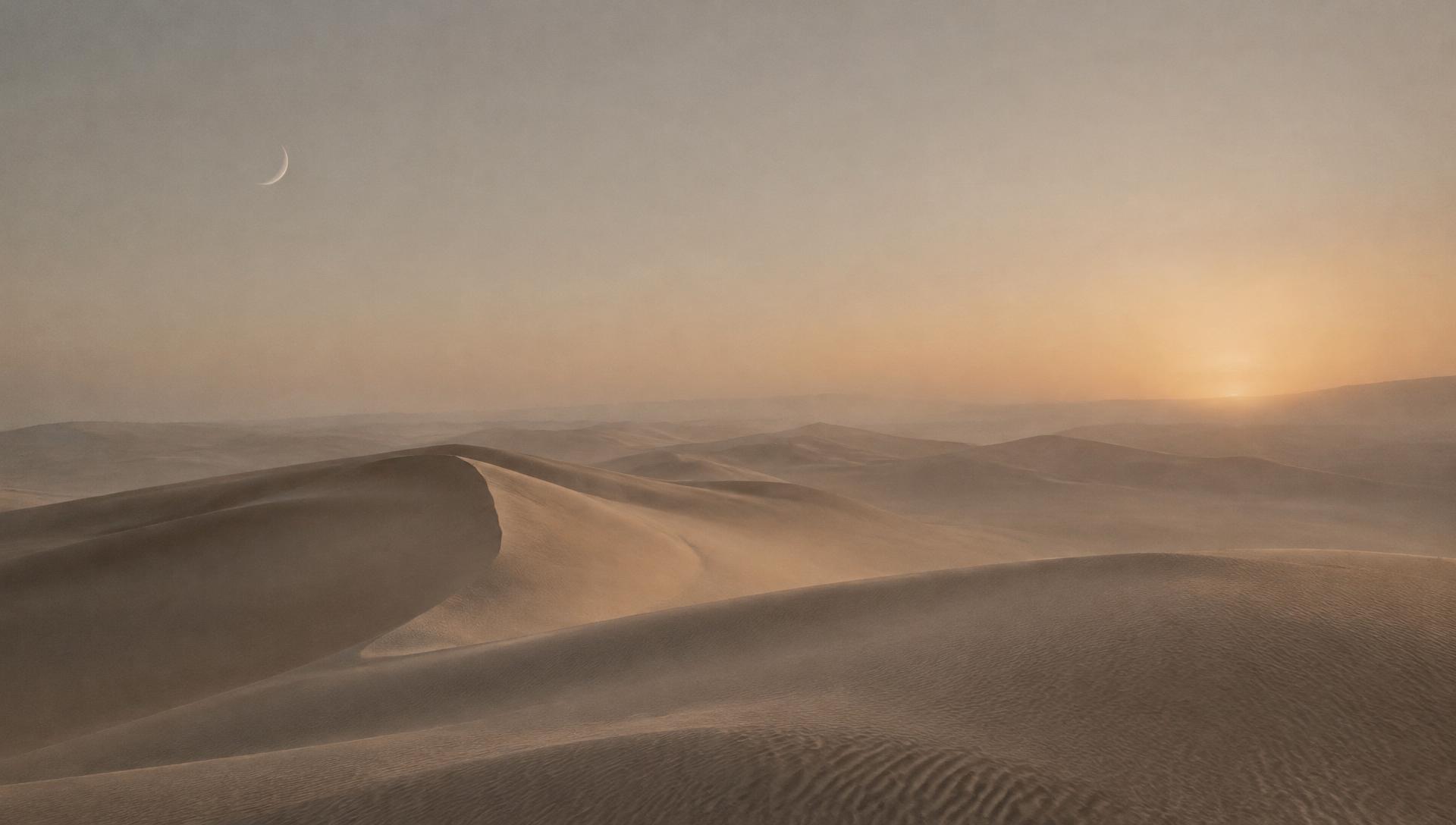 Weite Dünenlandschaft im Morgenlicht mit zartem Mond